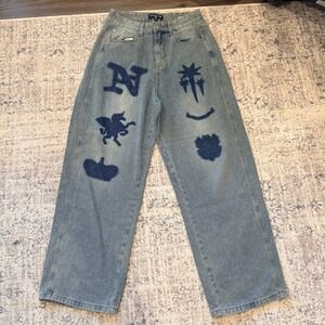 Aland Nice Ghost Club Big Wide Washed Emblem Jeans Blue Baggy Wide‎ Leg Small